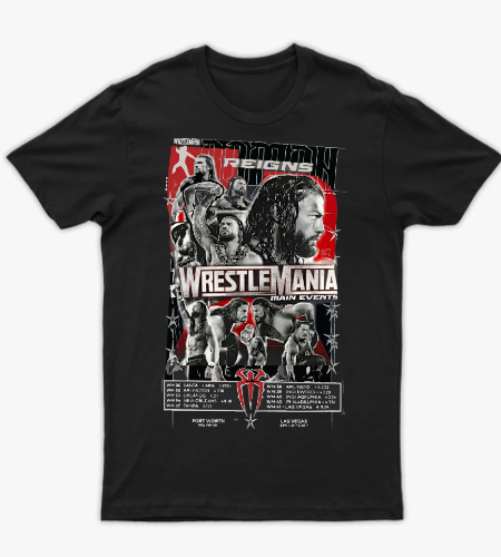 تيشيرت جرافيك رومان رينز الأسود - WrestleMania Main Events T-Shirt - أمامي