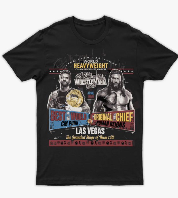 تيشرت مواجهة القرن  رومان رينز ضد سي إم بانك  - رسلمانيا 2026 لاس فيجاس - أمامي